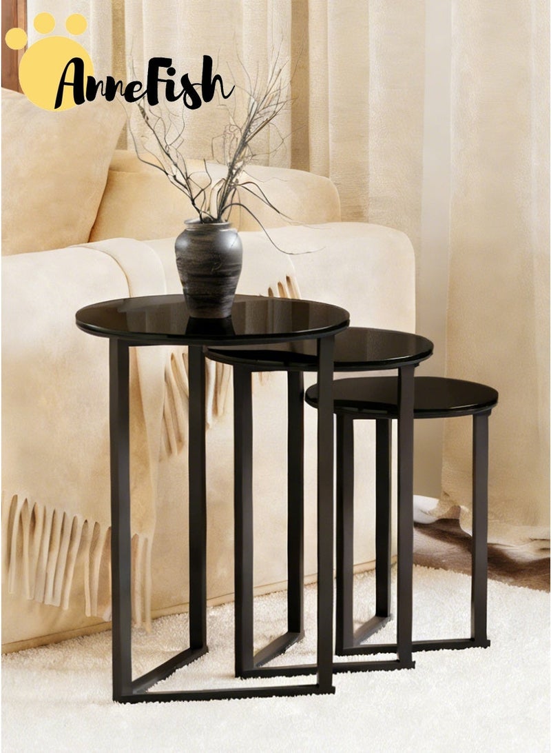 AnneFish 3Pcs Tempered Glass Coffee Table Coffee Service Table Set Round Sofa Side Nesting Table End Table For Home Living Room Bedroom Small Coffee Table Couch Table Metal Frame Easy Assembly - Image 2